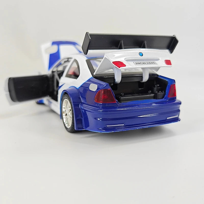1:24 Simulation BMW M3 GTR E46 Alloy Car Model Decoration Collection Door Can Open Sound and Light Power Steering Racing Gift