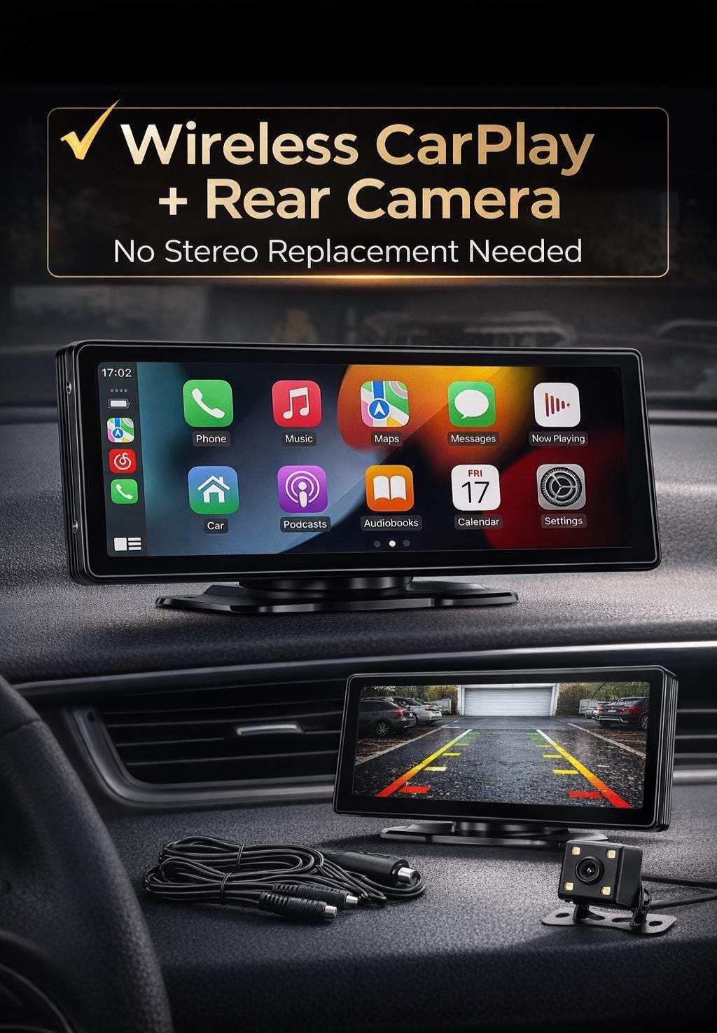 Wireless CarPlay Screen with Rear Camera | Easy Install Dashboard Upgrade | Apple CarPlay & Android Auto Display | Portable Car Screen Gift