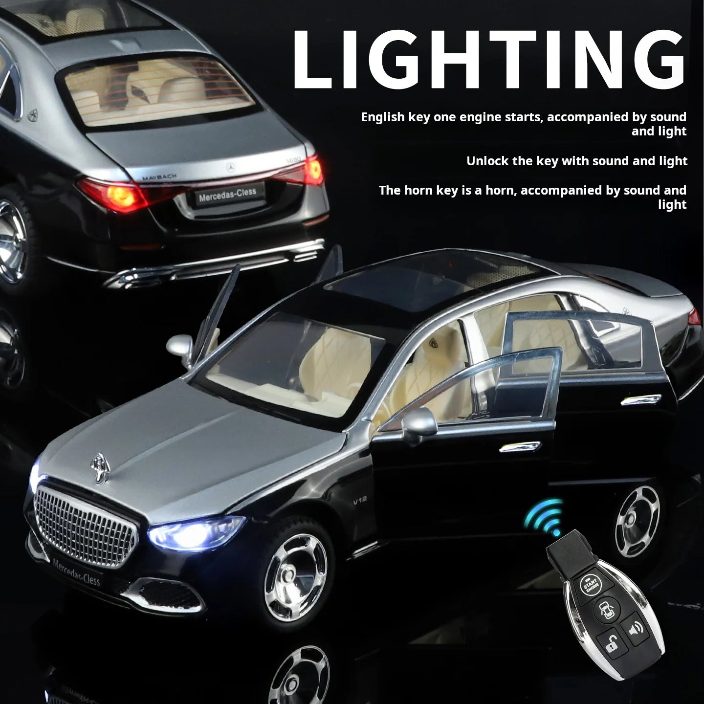 1:24 Mercedes-Maybach S680 Luxury Sedan Simulation Alloy Toy Car Metal Electric doors Opened Sound Light Models collection Gift