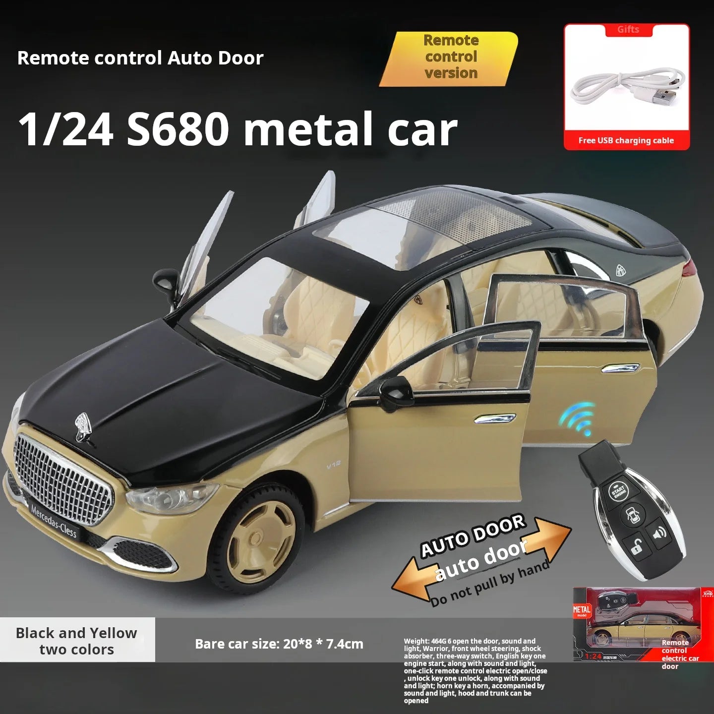 1:24 Mercedes-Maybach S680 Luxury Sedan Simulation Alloy Toy Car Metal Electric doors Opened Sound Light Models collection Gift