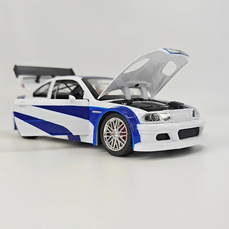 1:24 Simulation BMW M3 GTR E46 Alloy Car Model Decoration Collection Door Can Open Sound and Light Power Steering Racing Gift